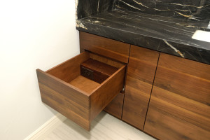 Dovetailed drawers with electrical outlets and adjustable dividers